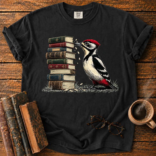 Woodpecker Pecks a Book Stack T-Shirt