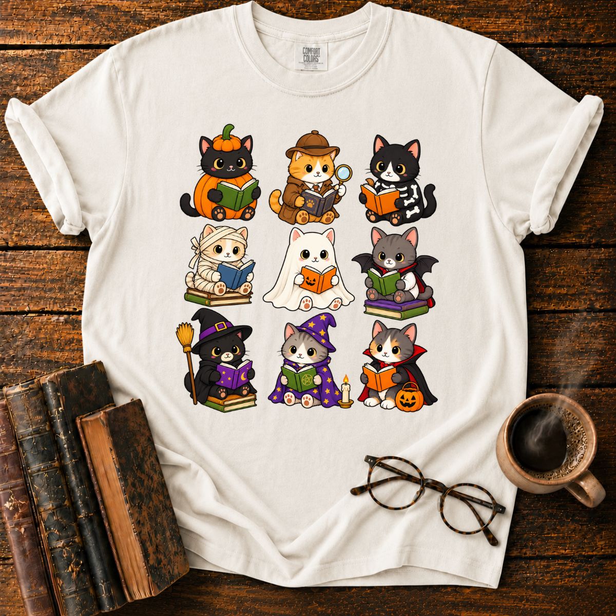 Kawaii Halloween Cat Reading T-Shirt