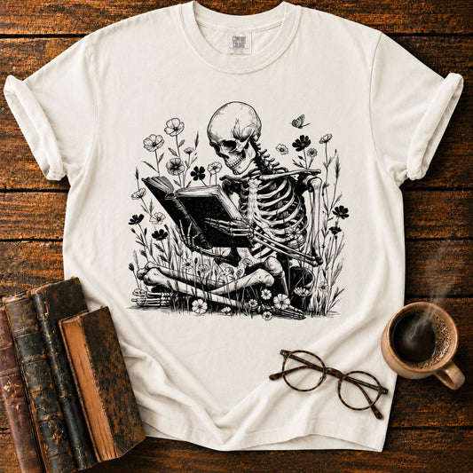 Skeletal Reader in a Wildflower Meadow T-Shirt