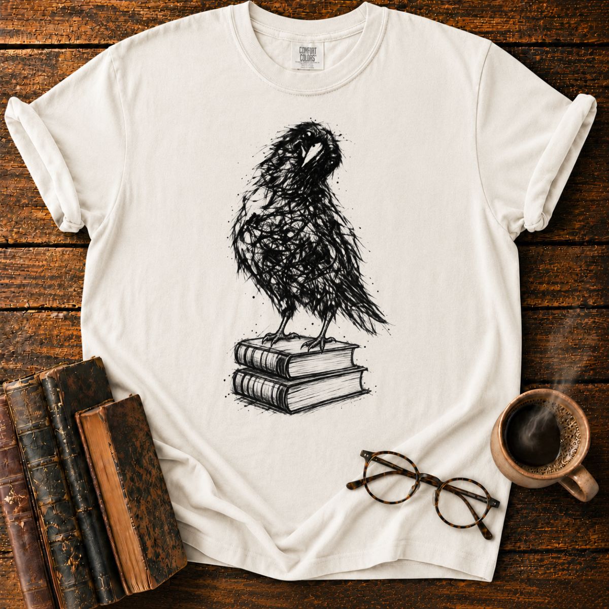 Ink-Crow Perched on Old Books T-Shirt