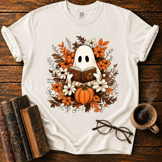 Autumn Ghost Reading in a Floral T-Shirt