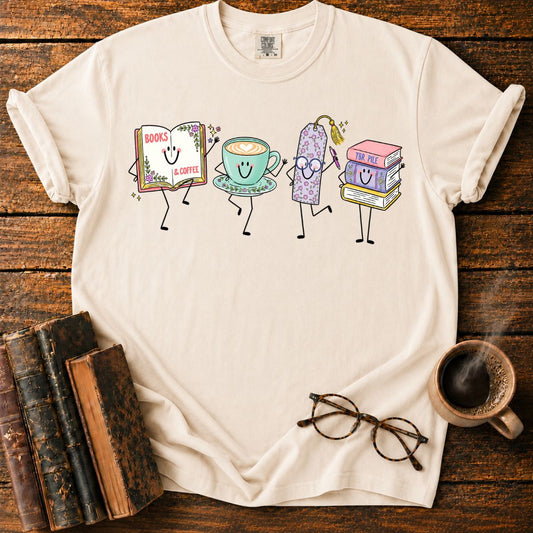 Books, Coffee, and Cheerful Bookish Friends T-Shirt