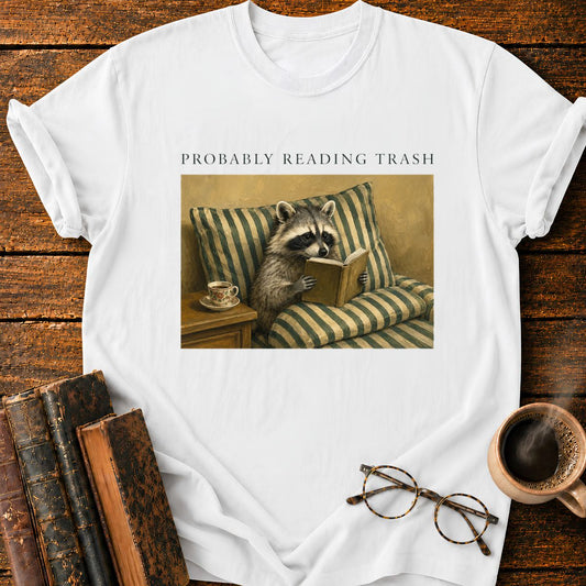 Raccoon Reading in Striped Comfort T-Shirt