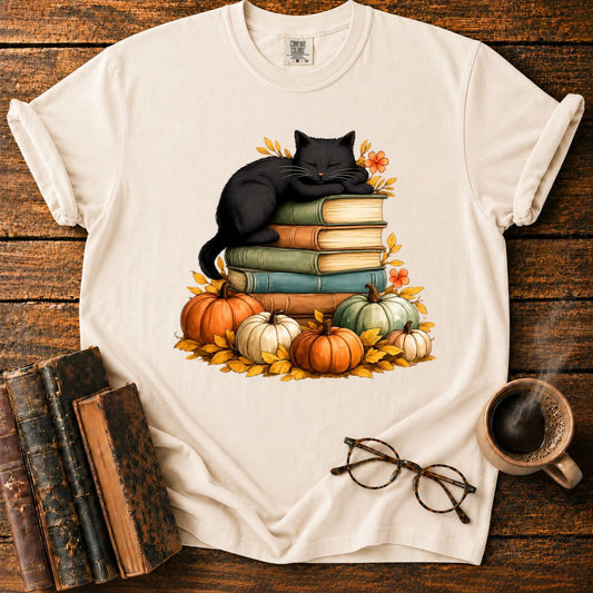 Black Cat Sleep On Books T-Shirt