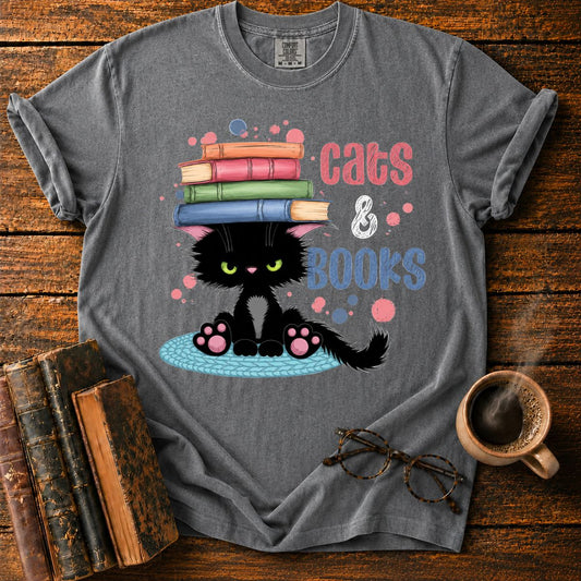 Black Cat with Books on a Braided Rug T-Shirt