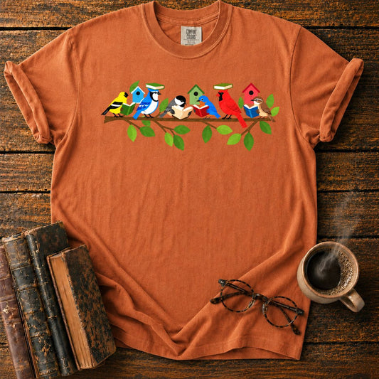 Whimsical Birds’ Reading Branch T-Shirt