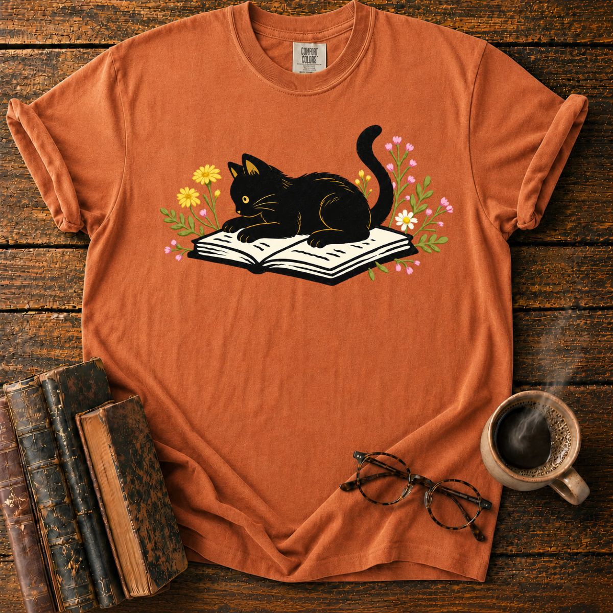 Cat Reading Among Flowers T-Shirt