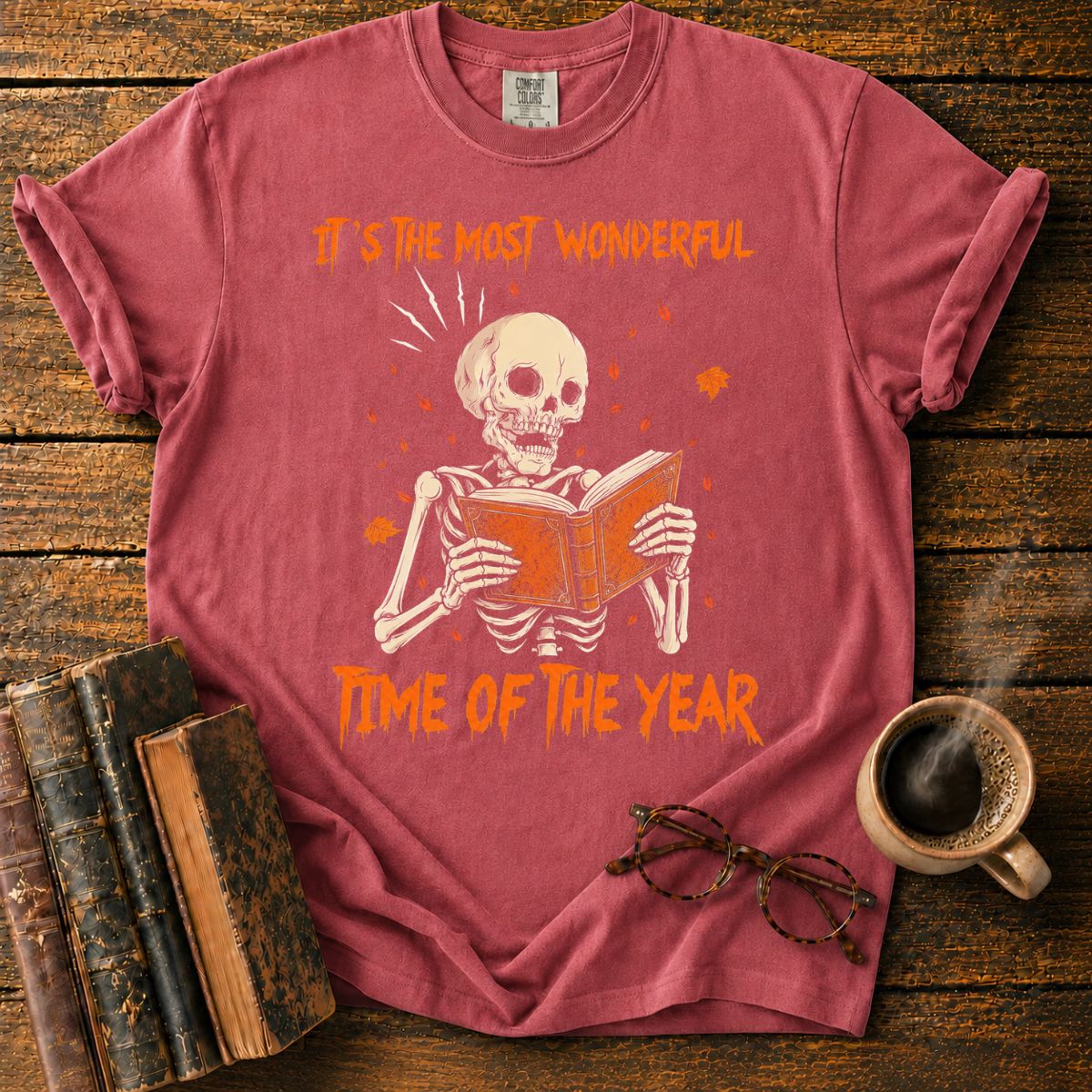 Skeleton Reading Beneath Autumn Leaves T-Shirt