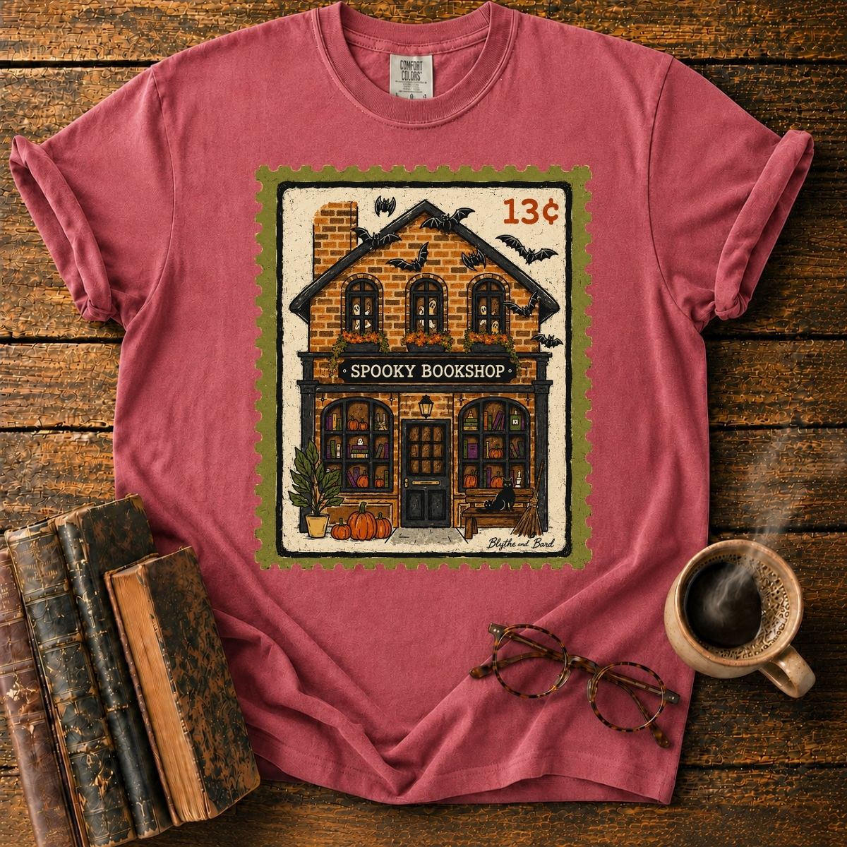 Spooky Bookshop Halloween Stamp T-Shirt
