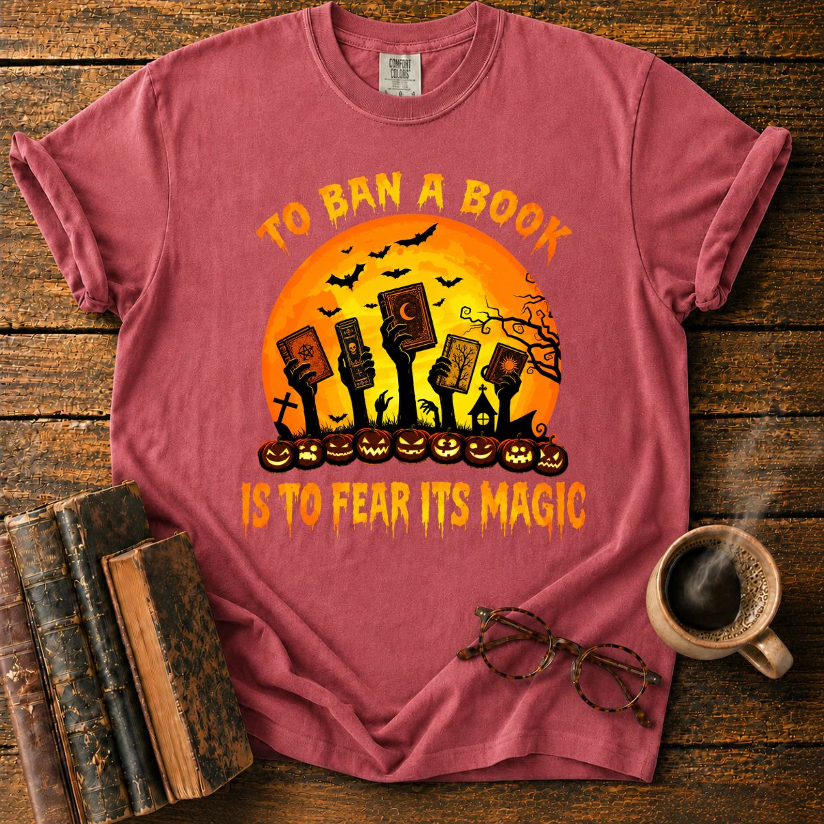 Zombie Hands Raise Haunted Books T-Shirt