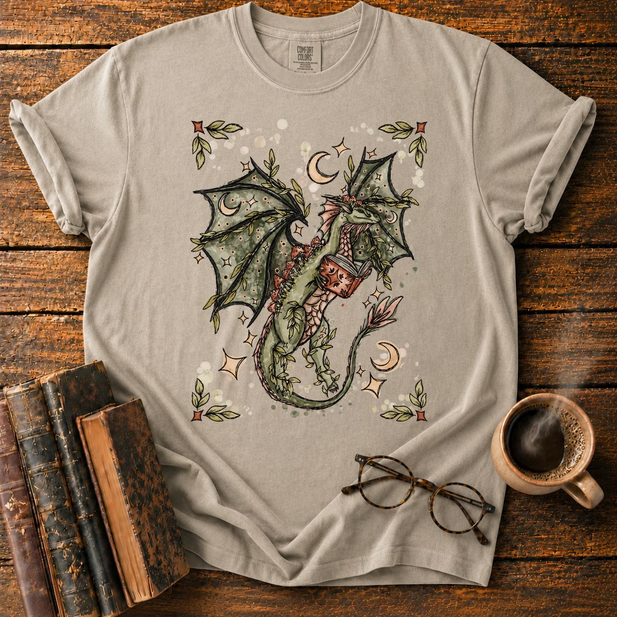 Whimsical Dragon Reading Among Stars T-Shirt