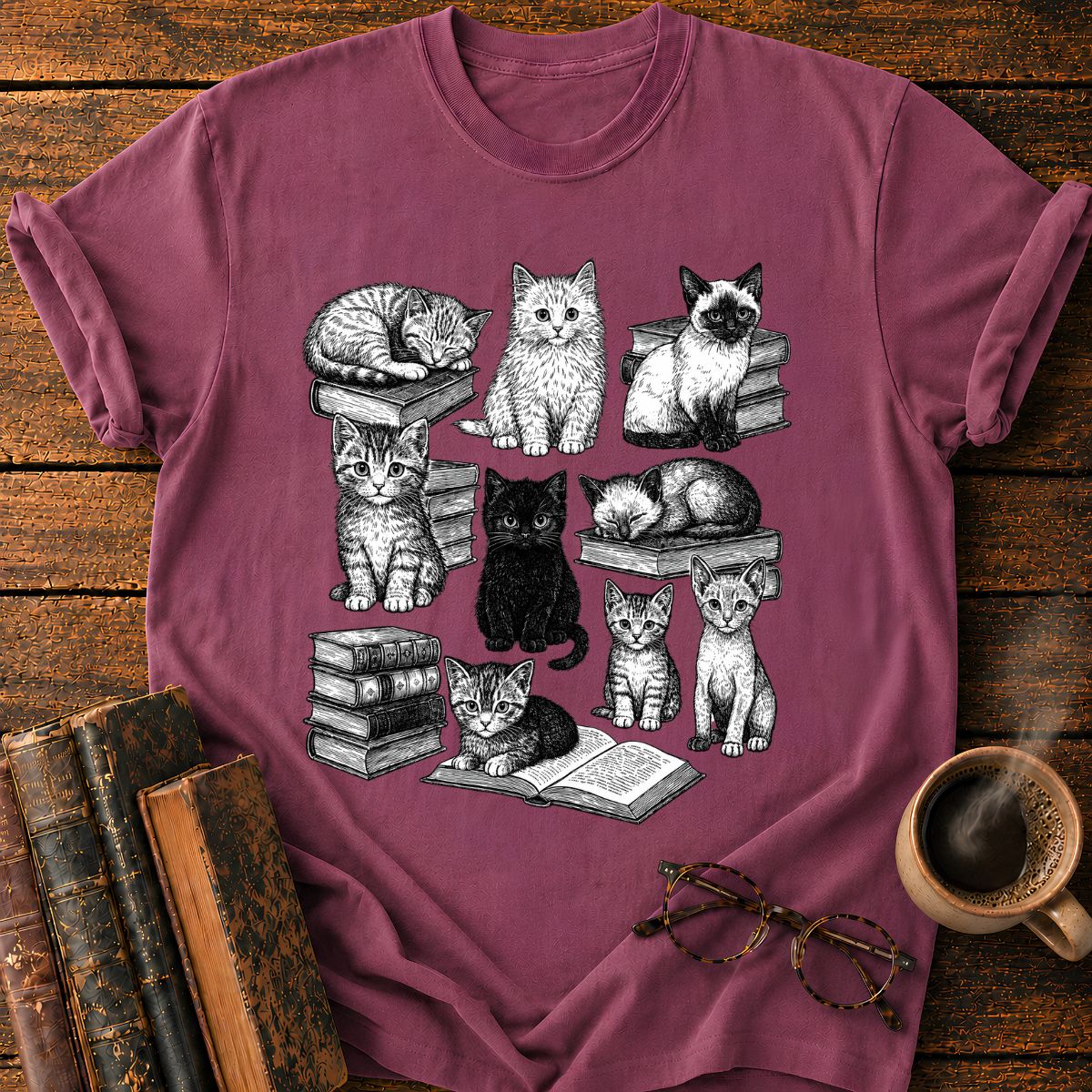 Vintage Puppy Bookworm Collage T-Shirt