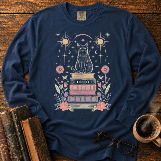 Celestial Black Cat Book Stack LS T-Shirt