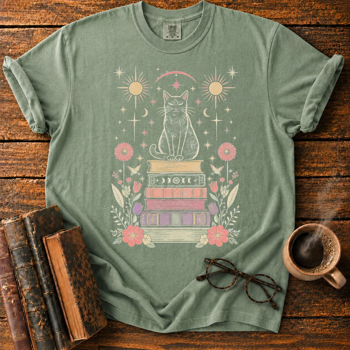 Celestial Black Cat Book Stack T-Shirt