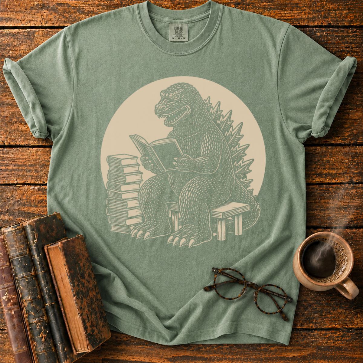 Kaiju Reading in Vintage Woodcut Style T-Shirt
