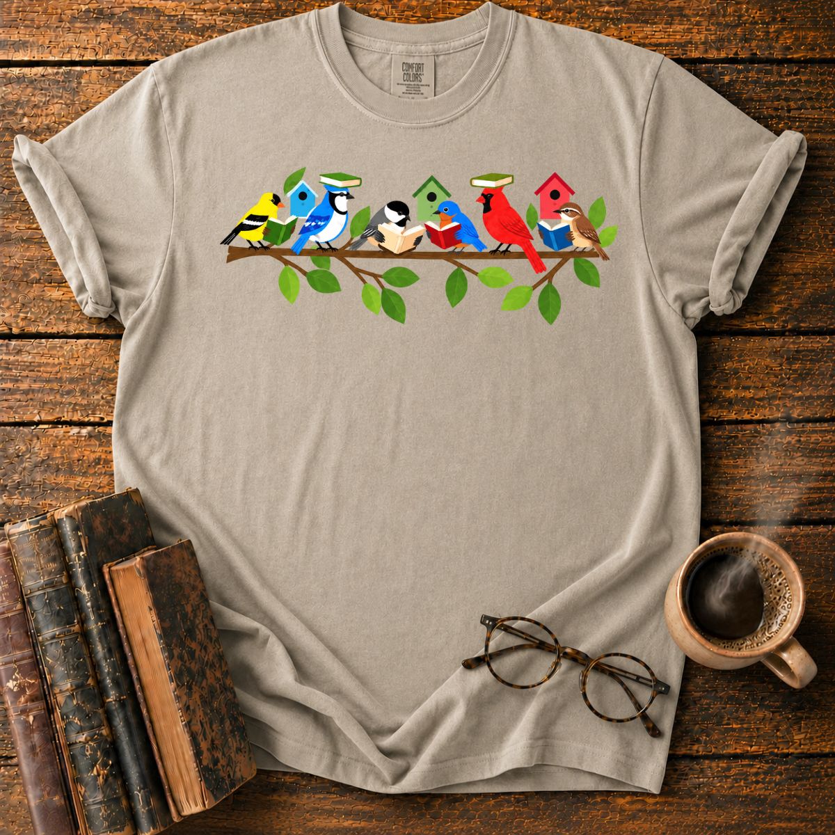 Whimsical Birds’ Reading Branch T-Shirt