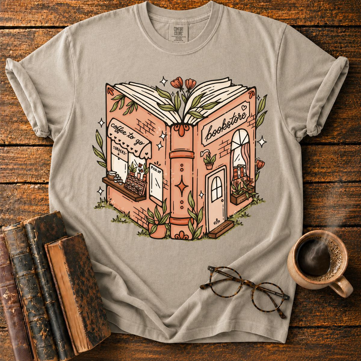 Whimsical Open-Book Bookstore Coffee T-Shirt