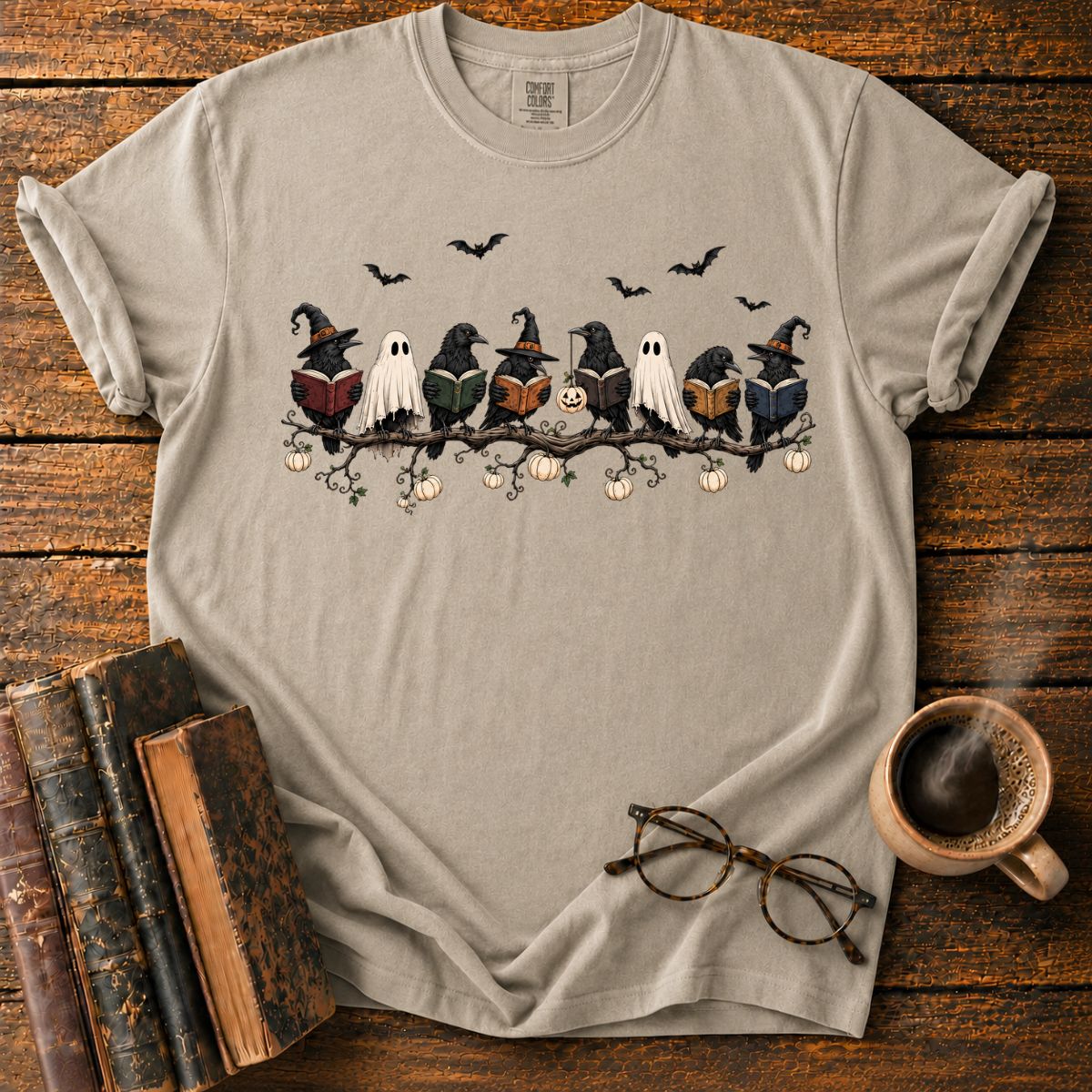 Ravens and Ghosts Reading on Halloween Branch T-Shirt