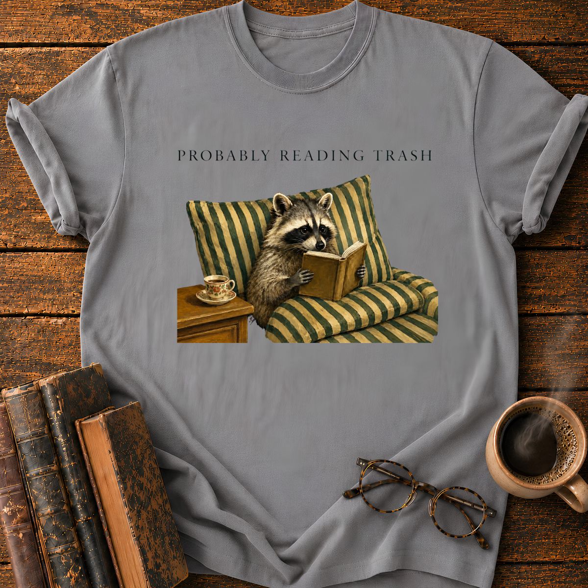 Raccoon Reading in Striped Comfort T-Shirt
