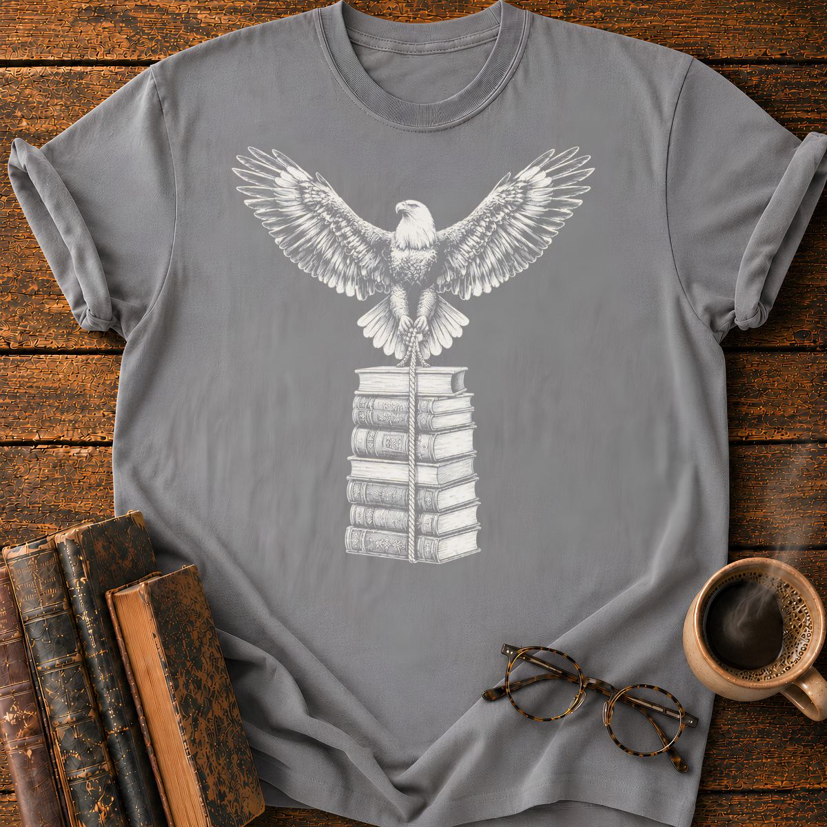 Engraved Eagle Over Bound Books T-Shirt