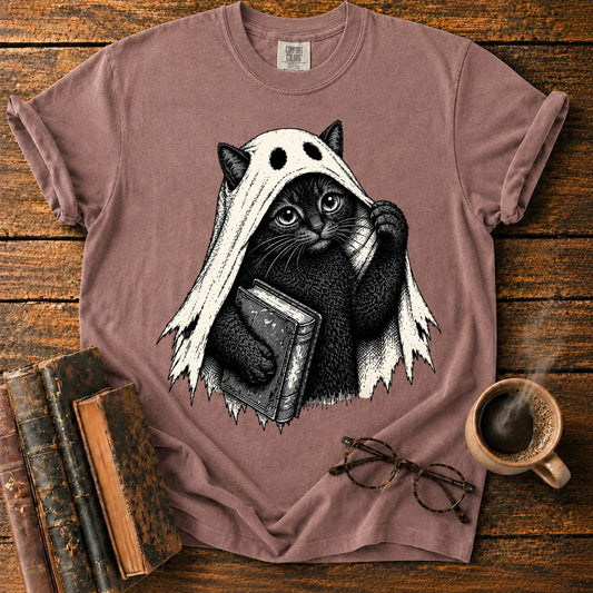 Ghost Black Cat with Haunted Book T-Shirt