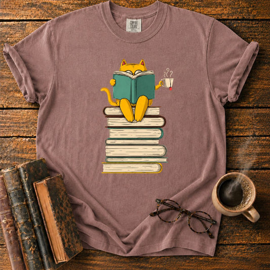Cat Reading Atop a Tower of Books T-Shirt