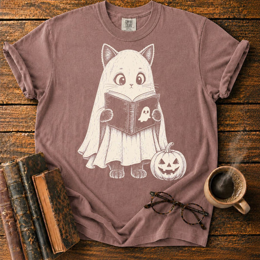 Ghost Cat Reading by Pumpkin T-Shirt
