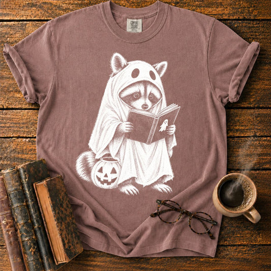 Ghostly Raccoon Reading by Pumpkin T-Shirt