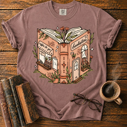 Whimsical Open-Book Bookstore Coffee T-Shirt