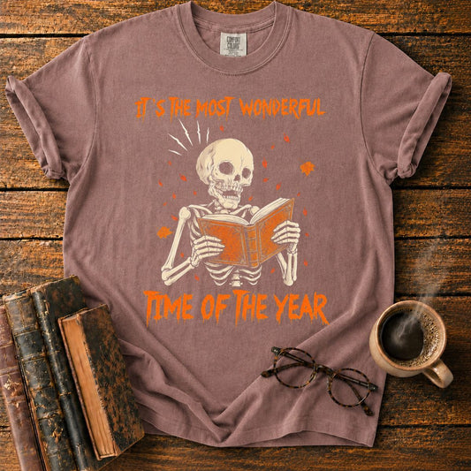 Skeleton Reading Beneath Autumn Leaves T-Shirt