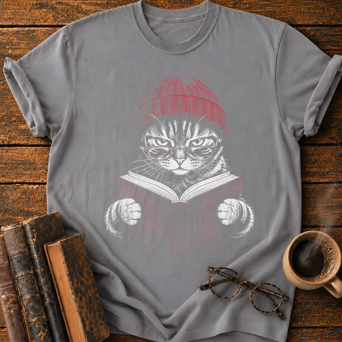 Cat with Red Beanie and Book T-Shirt