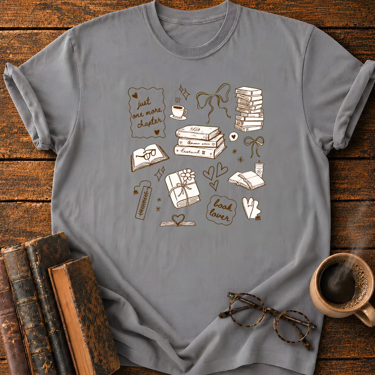 Bookish Doodle Collage in Warm T-Shirt
