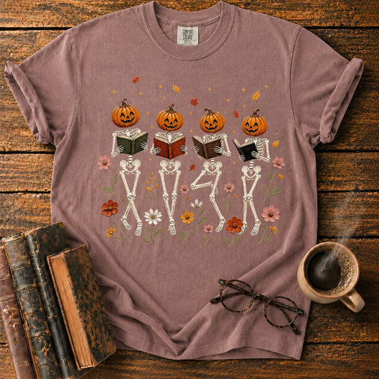 Skeletons Reading Among Autumn Flowers T-Shirt