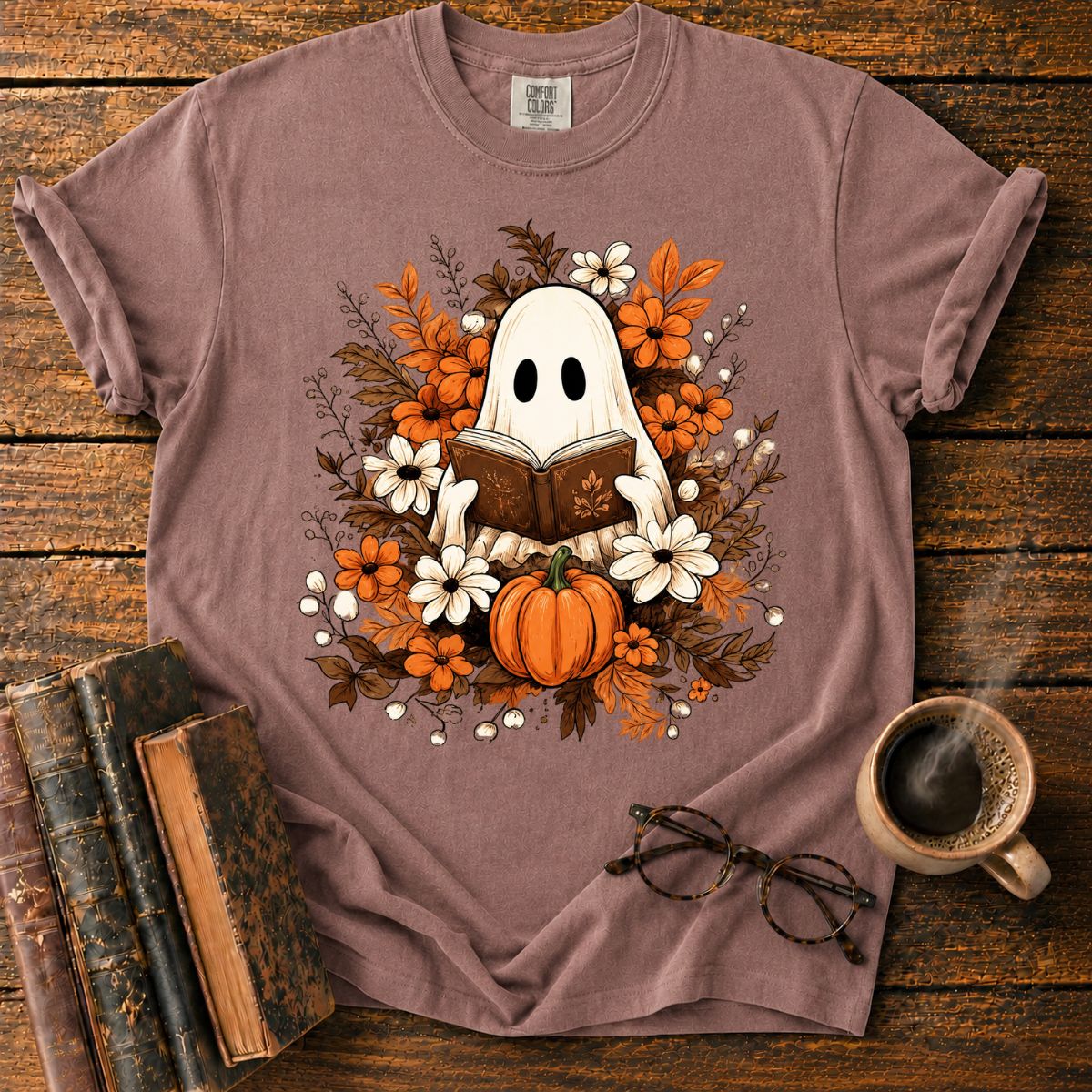 Autumn Ghost Reading in a Floral T-Shirt
