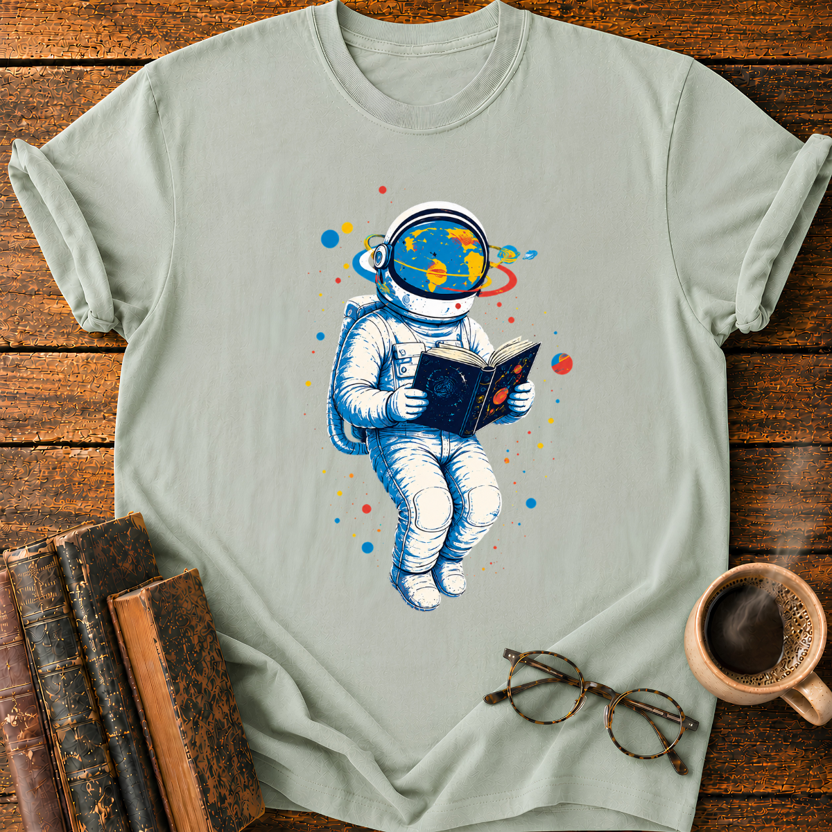 Astronaut Reading Among Colorful Planets T-Shirt