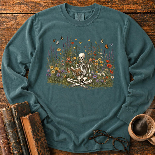 Skeleton Reading Wildflowers LS T-Shirt