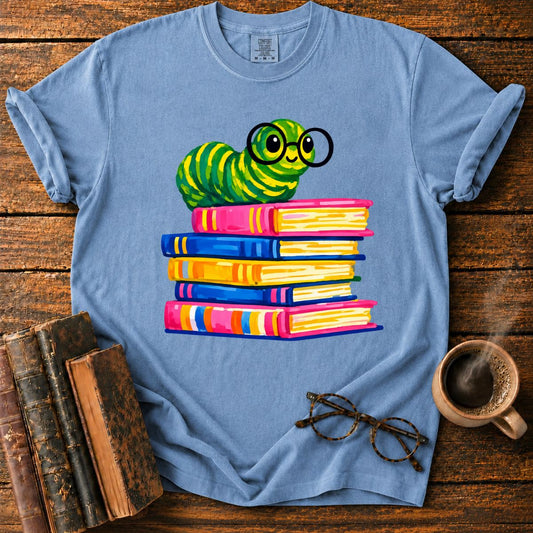 Cheerful Bookworm on Colorful Books T-Shirt
