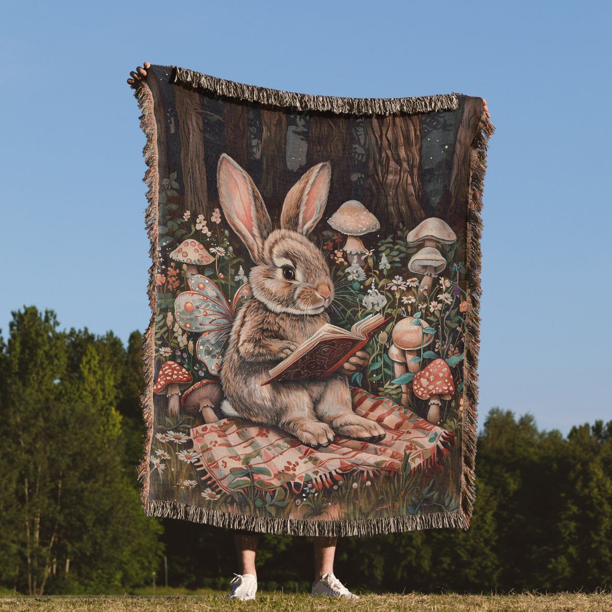 Bunny Reading Picnic Woven Blanket