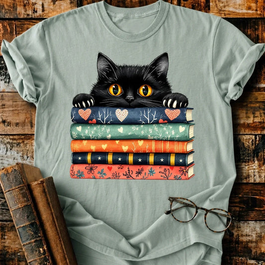 Black Cat On Books T-Shirt