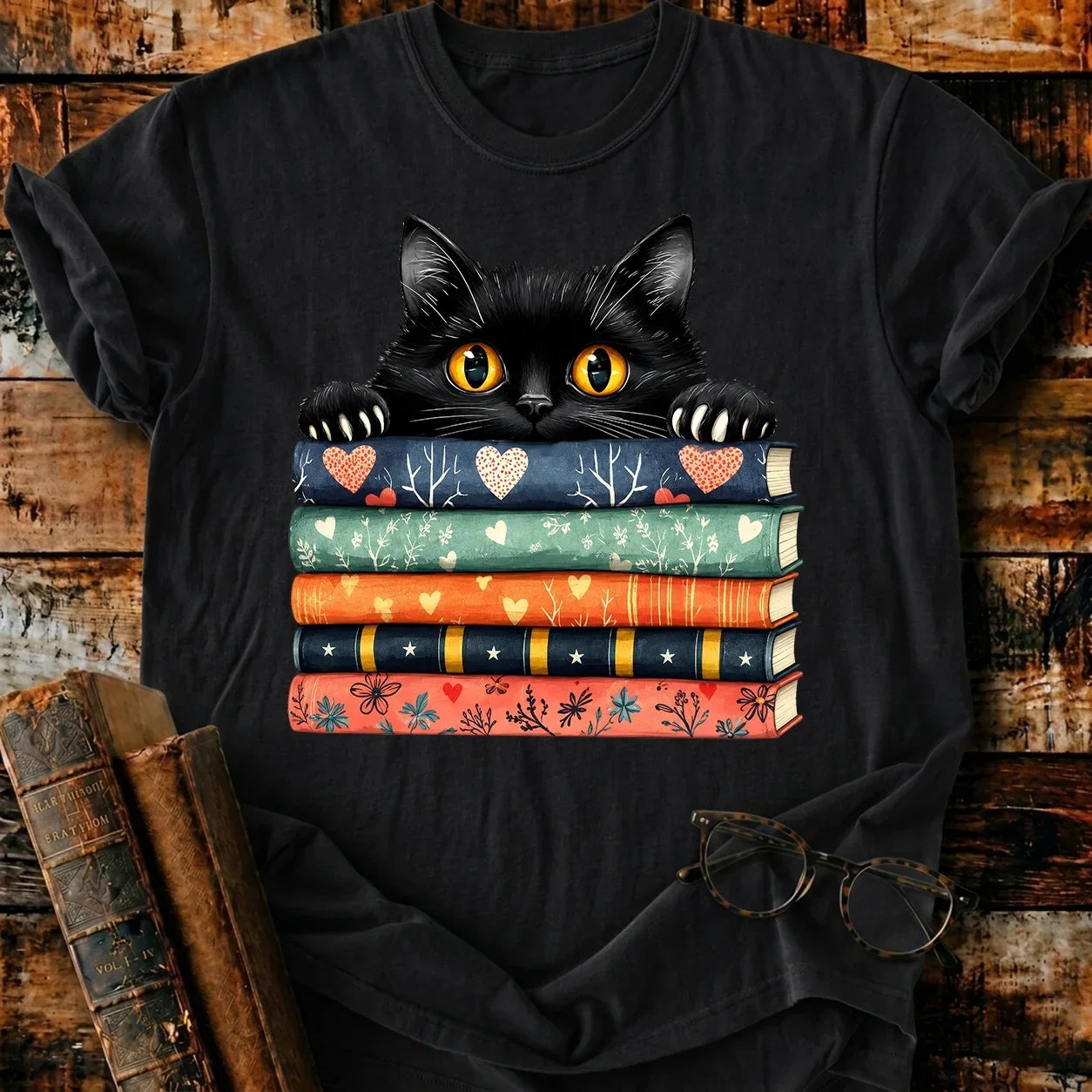 Black Cat On Books T-Shirt