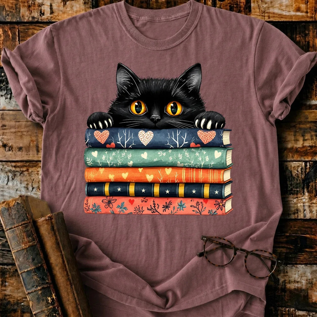 Black Cat On Books T-Shirt
