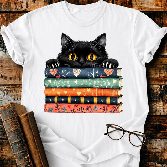 Black Cat On Books T-Shirt