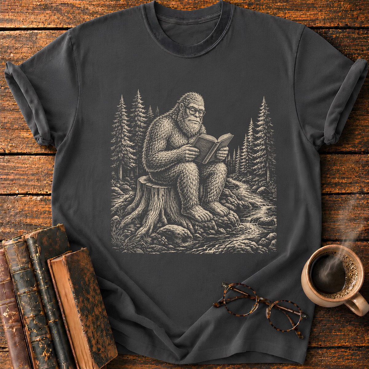 Bigfoot Reading in the Pine Forest T-Shirt