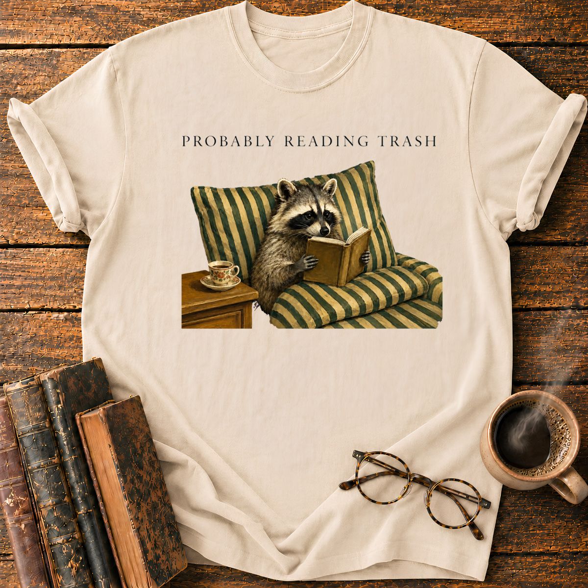 Raccoon Reading in Striped Comfort T-Shirt