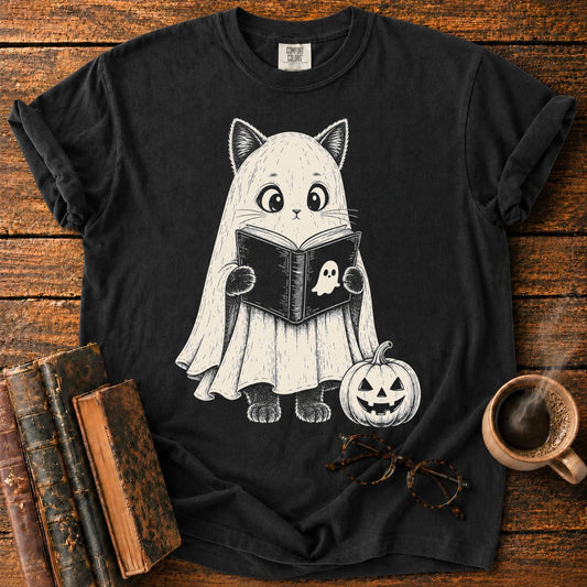 Ghost Cat Reading by Pumpkin T-Shirt