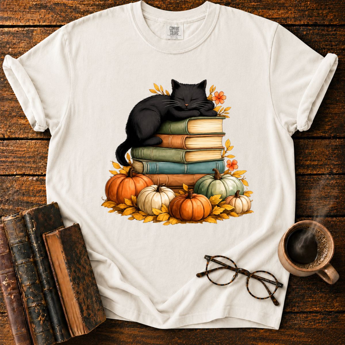 Black Cat Sleep On Books T-Shirt