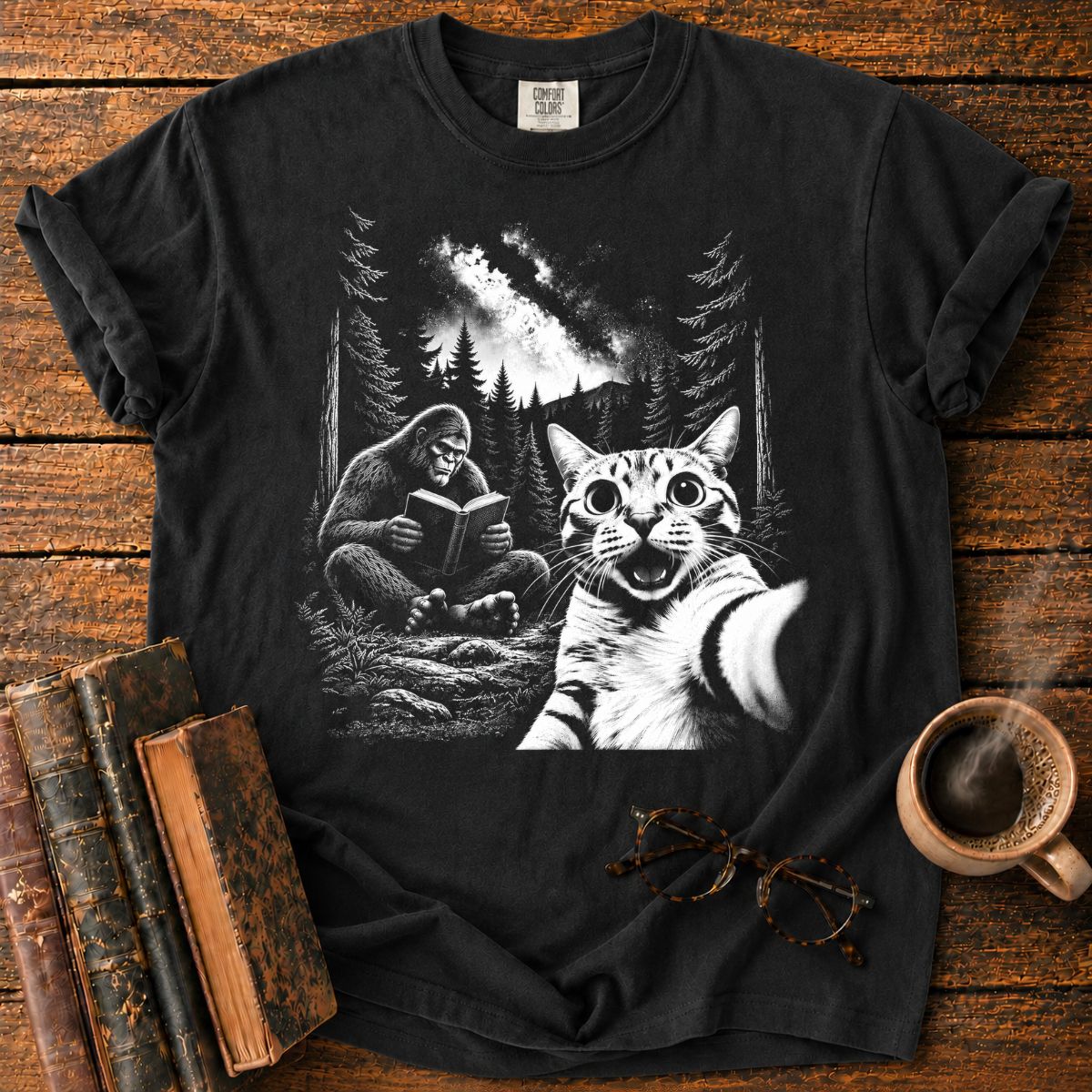 Moonlit Bigfoot and Cat Reading T-Shirt