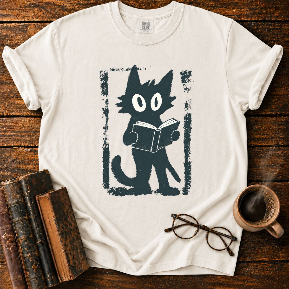 Vintage Cat Reading Screen Print T-Shirt