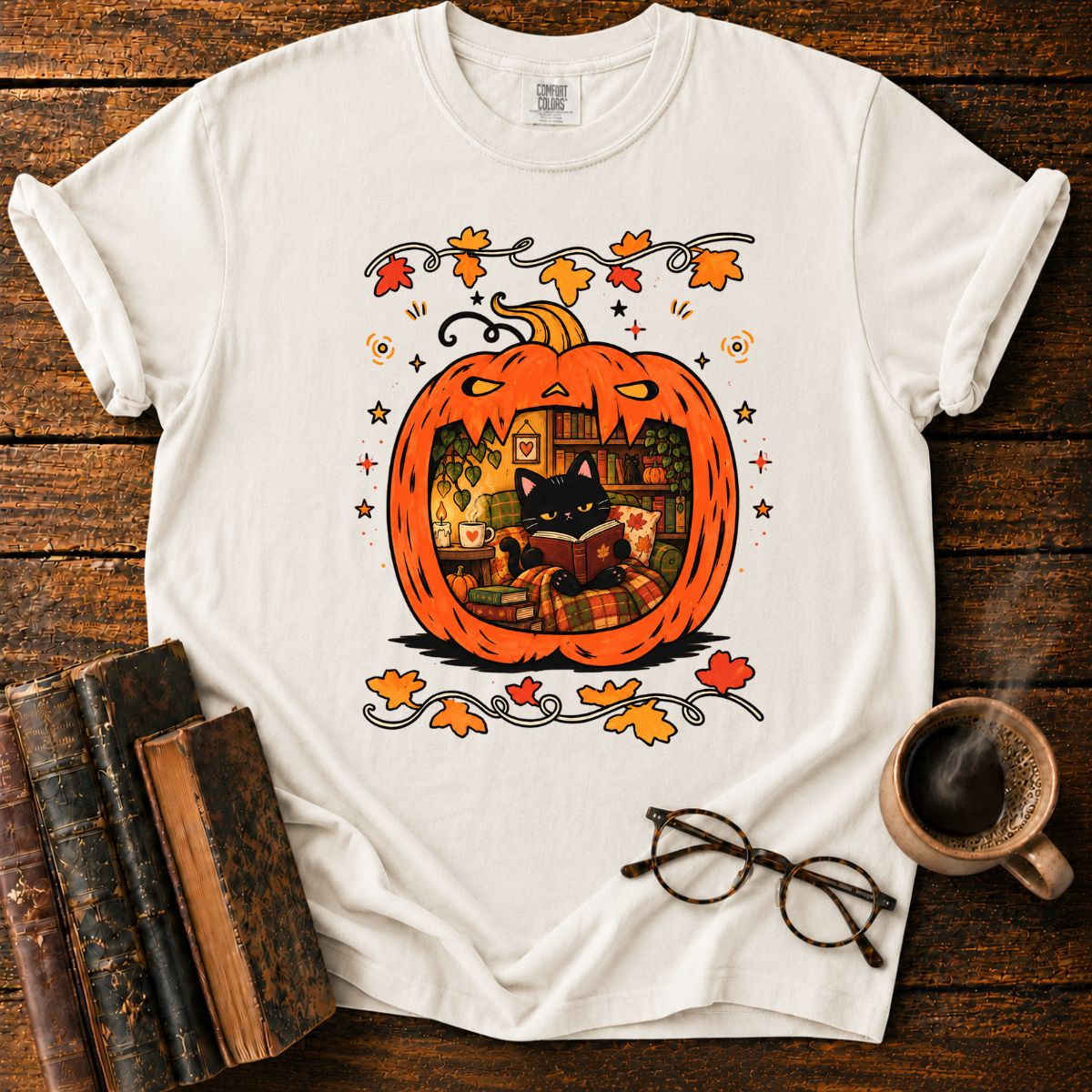 Cozy Pumpkin Reading Nook with Cat T-Shirt