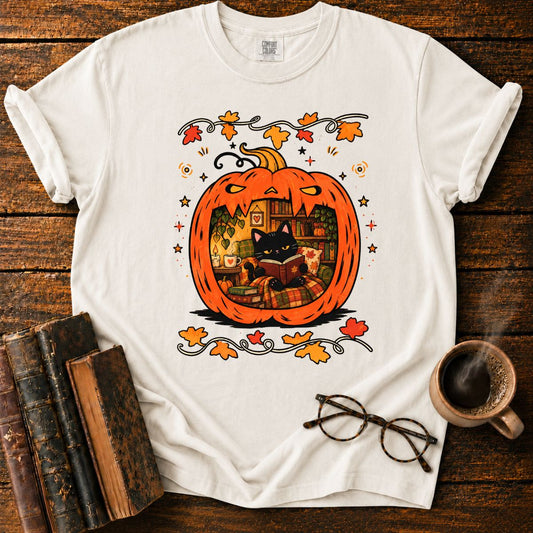 Cozy Pumpkin Reading Nook with Cat T-Shirt